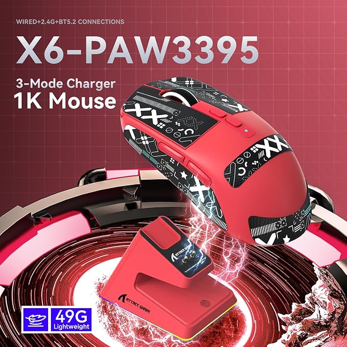 ATTACK SHARK X6 Lightweight Wireless Gaming Mouse with RGB Backlight Charging Base,Tri-Mode Wired/2.4GHz/BT5.2,26K DPI, PAW3395 Optical Sensor,HUANO Switch,5programmable Buttons,PC/Mac(Red+Sticker)