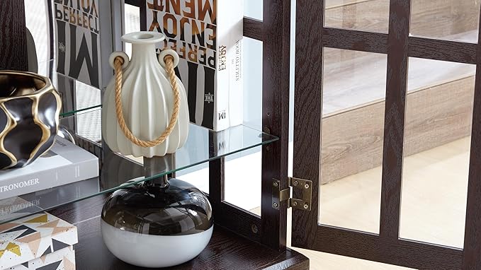 Curio Display Cabinet, Antique Display Cabinet with Glass Doors Adjustable Shelves for Collectibles Four Door Design Vintage Showcase for Home or Office Antique Display Case E26 Bulb Included CHE Ti