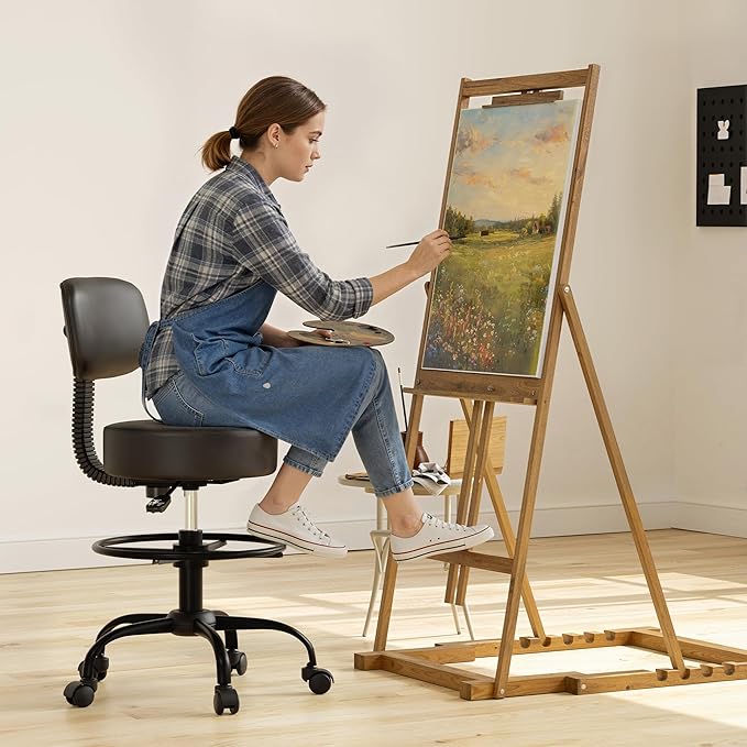 Drafting Chair with Back, Adjustable Foot Rest Rolling Stool (1, Black)