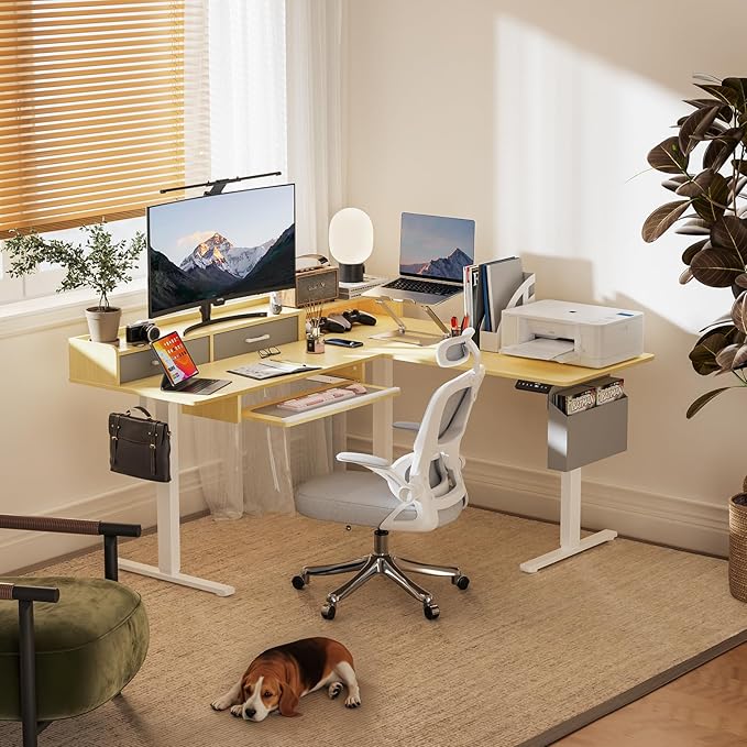 WALKINGDESK 63 Inches Height Adjustable L Shaped Standing Desk with 2 Drawers and Keyboard Tray, Electric Sit to Stand Home Office Comupter Table, Ergonomic Corner Gaming Desk, Oak