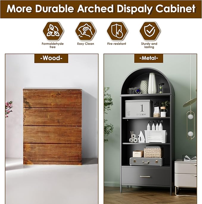 VEXPOR 73" Tall Arched Bookcase Cabinet, 5-Tiers Metal Black Arched Bookshelf with Drawer for Living Room, Home Office, Assembly Required, 15.35" D x 30.71" W x 72.83" H