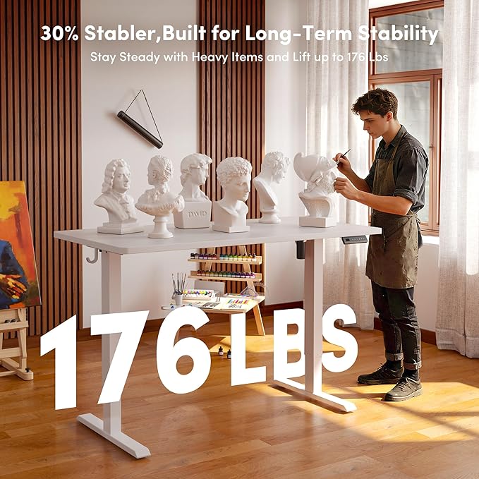 CubiCubi 32 x 20 Small One-Piece Standing Desk, Adjustable Height Electric Computer Home Office Sit Stand up Workstation, with 4 Memory Presets, Headphone Hook, White