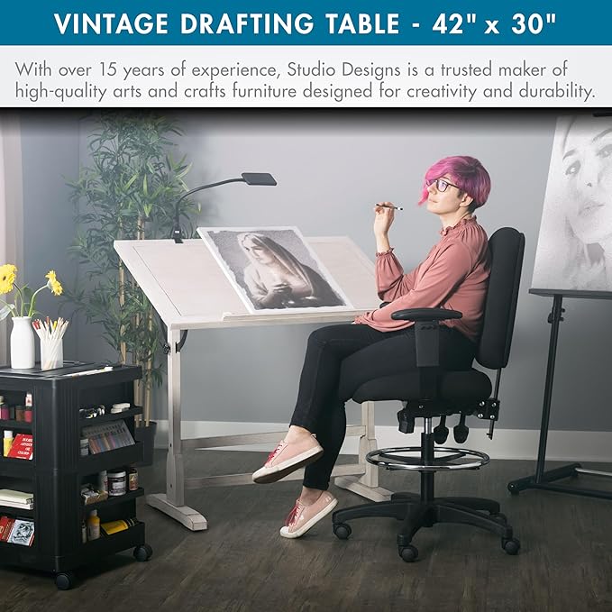 Studio Designs Wood Drawing/Drafting Table with Pencil Ledge - 42" W x 30" D - Whitewash - Tilting Top Adjustable Desk