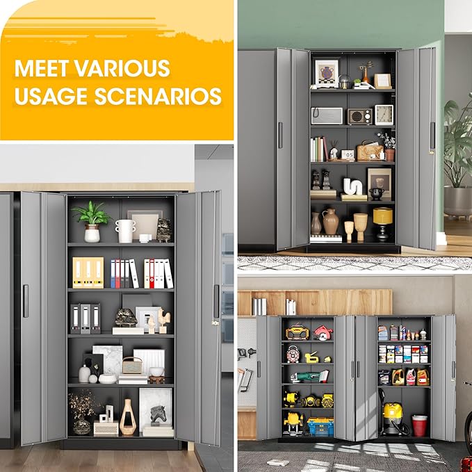 Greenvelly Metal Storage Cabinet,72 Inch Lockable Storage Cabinet with Doors and 4 Adjustable Shelves,Garage Storage Cabinet for Home,School,Gym(Black Grey)