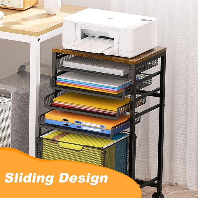 Feyejade Rolling File Cart 5-Tier, Under Desk Storage with Drawers, Filing Cabinet for Letter-Size File Storage, Sliding Metal Mesh Trays for Binder Storage, Office Storage & Organization for Teachers