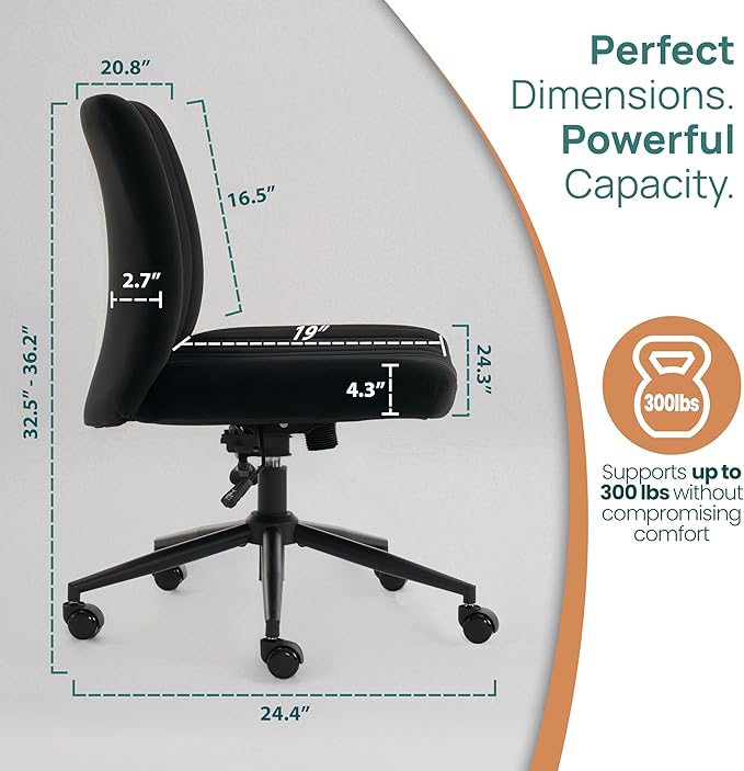 NYPOT Armless Desk Chair with Wheels for Criss Cross Sitting - Cross Legged Wide Armless Chair - Adjustable Vanity 360° Swivel Stool and 120° Rocking Wide Seat Comfy for Home and Office, Black Velvet