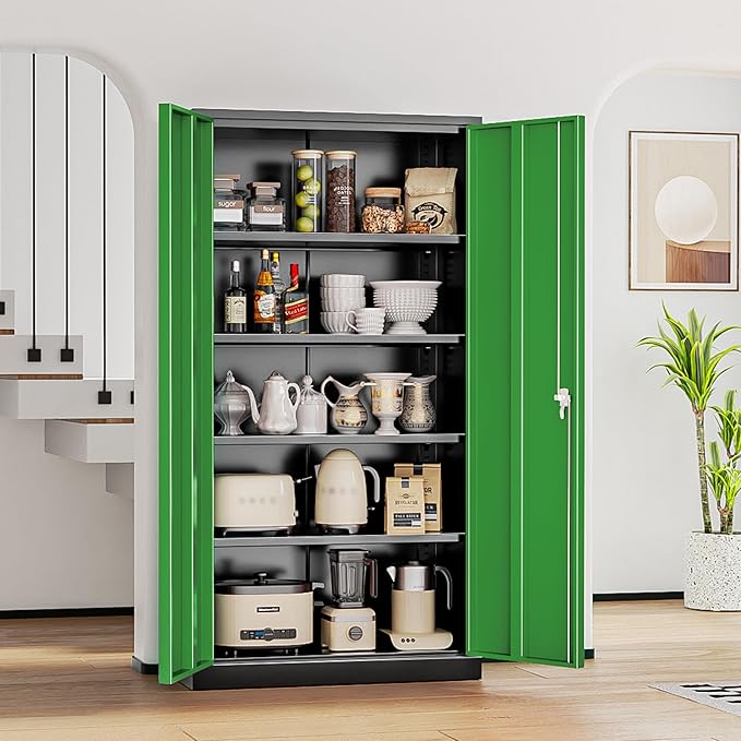 INTERGREAT Metal Lockable Storage Cabinet, 72” H Storage Cabinet with 2 Doors and 4 Adjustable Shelves for Office, Home, Garage, Pantry (Assembly Required, 18”D, Black Green)