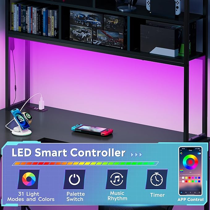 DEVAISE L Shaped Gaming Desk with Hutch, Reversible Computer Desk with LED Light, 3-Tier Shelves, 2 AC+2 USB Outlet and Monitor Stand, Corner Desk with Storage for Home Office (Black, 66 Inch)