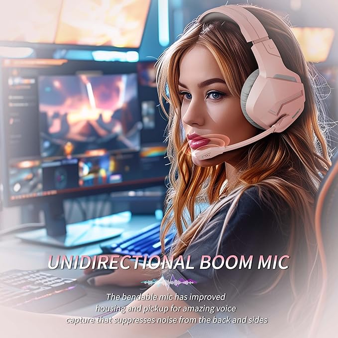 BINNUNE Wireless Gaming Headset for PS5 PC, 120H Ultra-Long Battery, 2.4GHz & Bluetooth 5.3 Wireless Gaming Headphones, PS5 Hadset Wireless with Mic, 50mm Drivers, Comfort Over Ear Headphones,Pink