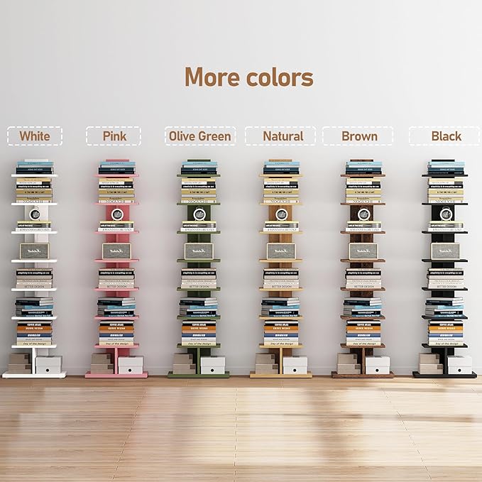 TUTOTAK Narrow Bookshelf, 8-Tier Bookcase, Spine Book Shelf for Small Space, Corner Standing Shelf for Living Room, Office, Study, Entryway, Black BS06BK008