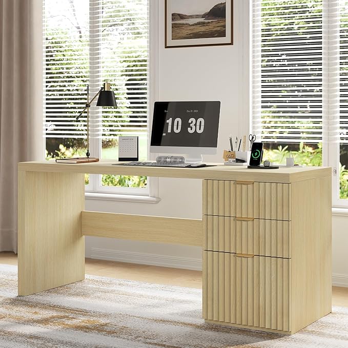 60" Fluted Executive Desk with Ample File Drawer & Large Charging Station, Wood Modern Home Office Desk with Storage, Computer Writing Desk for Work, Living Room, Bedroom, Durable & Sturdy, Natural