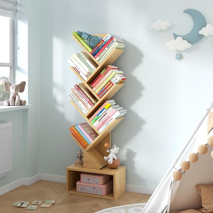 Hoctieon 6 Tier Tree Bookshelf, Tall Bookcase with Drawer, Freestanding Book Shelf, Display Floor Standing Storage Shelf, Book Organizer Shelves for Home Office, Living Room, Bedroom, Yellow