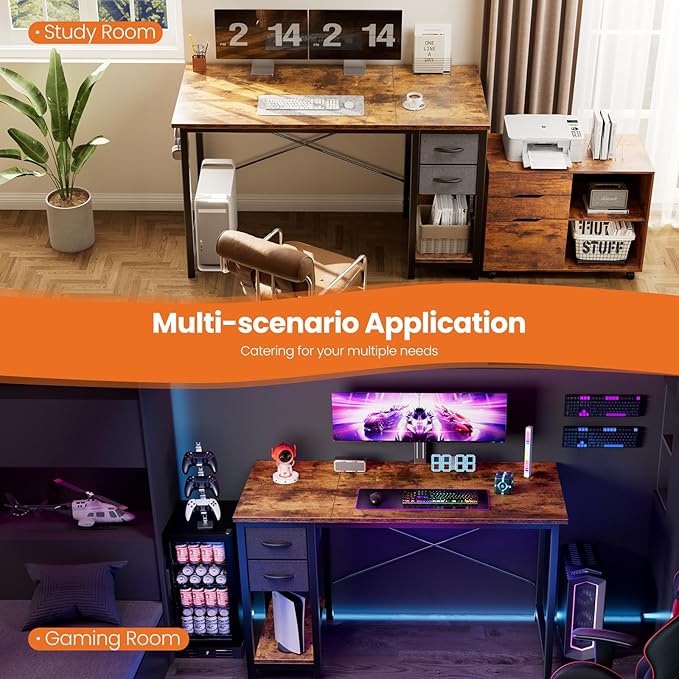 Sweetcrispy 40 Inch Computer Desk with Drawers for Home Office, Writing Desk with X-Shaped Reinforcement, Wood Table with Adjustable Position Drawers, Modern Study Work Table with Side Hook, Rust