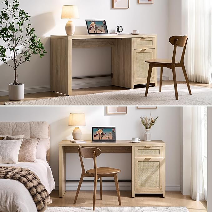 SICOTAS Rattan Home Office Desk, 2 Pieces 59" Boho Executive Desk with Storage Cabinets and Drawers, Larger Computer Laptop Vanity Desk for Office, Study, Living Room, Light Oak