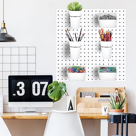 Kuhome 6 Sets Pegboard Bins Cups with Hooks Loops, Pegboard Hooks Assortment, Hooks for Pegboard Cup Holder for Tools Accessory Storage Organizer for Office Workshop Garage Workbench White