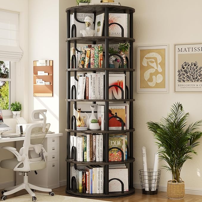 Aheaplus 6 Tier Rotating Bookshelf Tower, Revolving Bookcase, 360° Round Spinning Book Shelf, Narrow Swivel Bookshelves Vertical Turning Corner Bookshelf Organizer for Small Space, Black Oak
