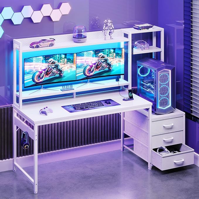 Casaottima 55 Inch Computer Desk with Hutch & 3 Fabric Drawers, White Desk with USB Ports & LED Lights, Reversible Pc Gamer Table with Monitor Stand for Home Office, White