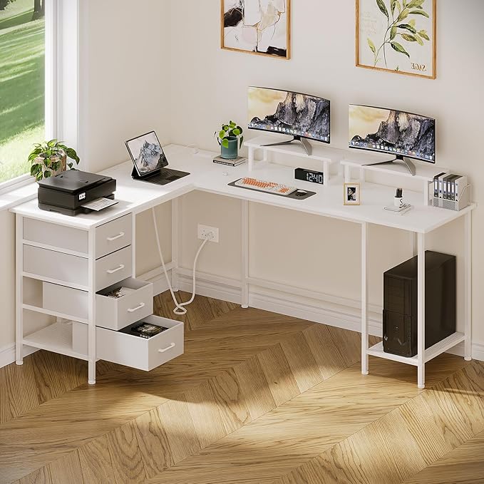 Korfile 66" L Shaped Computer Desk, 94.4'' Home Office Desk with Power Outlets, 4 Adjustable Storage Drawers & 2 Monitor Stands, Large Two Person Gaming Table for Writing Study, White