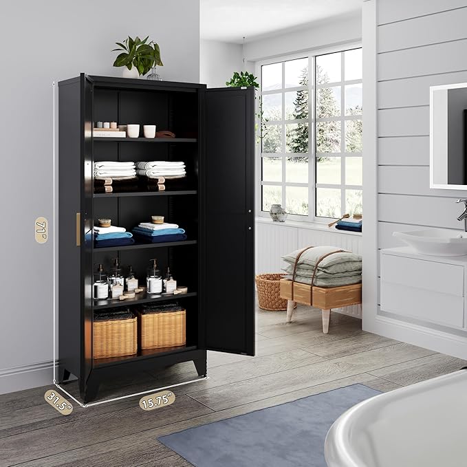 Washsemba 71'' Farmhouse Metal Storage Cabinet with Barn Doors,Steel File Cabinet for Home Office,Kitchen Pantry 4 Adjustable Shelves,Freestanding Cupboard for Kitchen,Home Office (Black)
