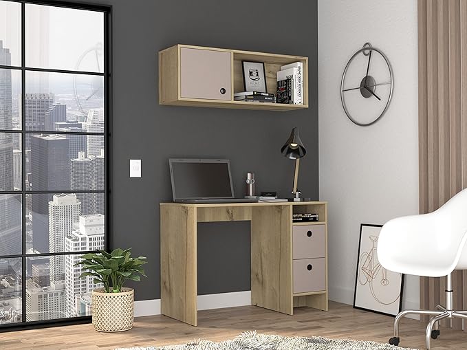 2-Piece Light Oak Office Desk Set with Wall Cabinet!