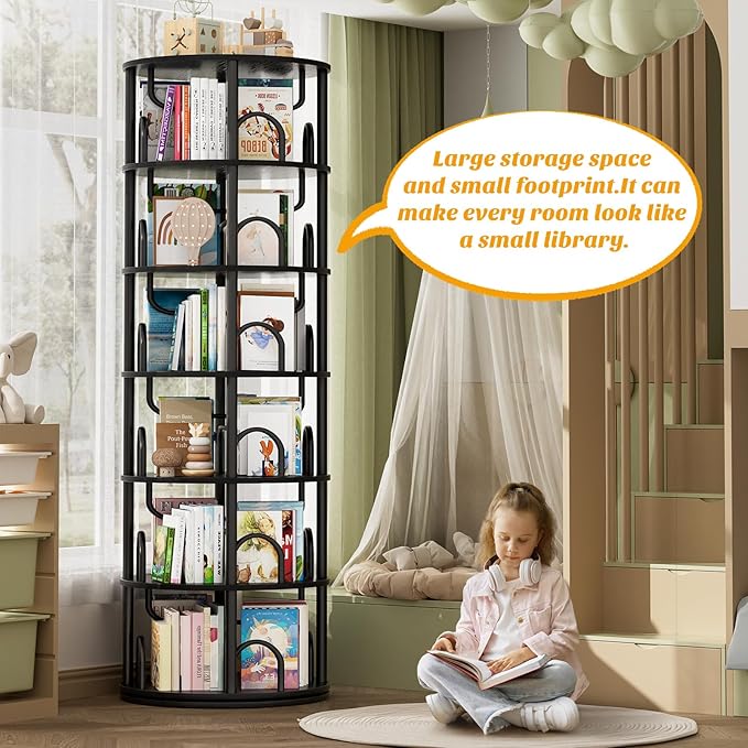 Aheaplus 6 Tier Rotating Bookshelf Tower, Revolving Bookcase, 360° Round Spinning Book Shelf, Narrow Swivel Bookshelves Vertical Rolling Turning Corner Bookshelf Organizer for Small Space, Black
