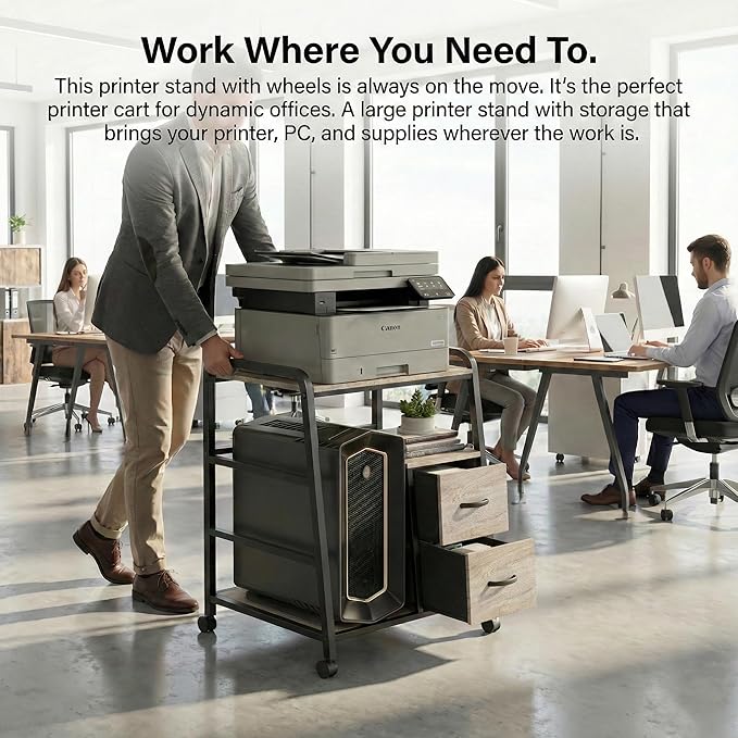Printer Stand Featuring Fabric Drawers, Under Desk Host Computer Cabinet and Shredder Shelf, Heavy Duty Printer Stand with Storage Workstation Organization Printer Table for Home Office