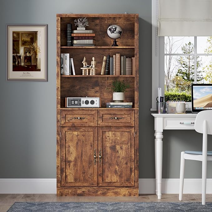 BORNOON 70.1" Tall Bookshelf with Drawers & Cabinet, 5-Tier Floor Standing Bookcase with Storage Doors, Adjustable Shelves & Metal Handles, 31.5" Wide Organizer for Home Office, Living Room