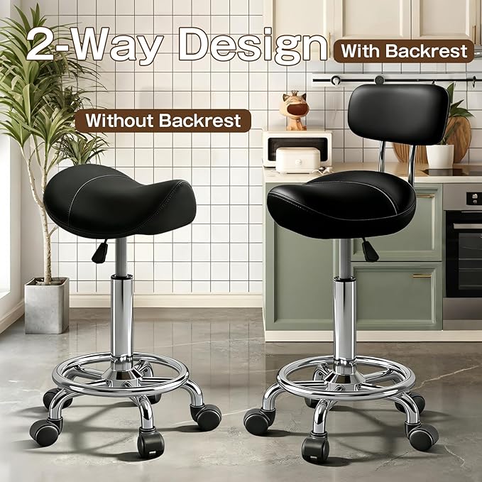Saddle Stool, Adjustable Height Ergonomic Swivel Chair with Wheels, PU Leather Saddle Seat with Ring Pedal for Salon, Massage, Clinic, Lab, and Office