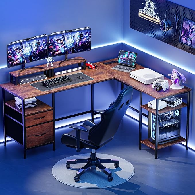 DUMOS L Shaped Gaming Desk with Charging Station & 2 Monitor Stands, Computer Desk with Drawer & Adjustable Storage Shelves, Large Corner Desk for Home Office, 62 Inch Rust Wood