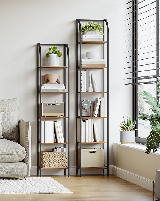 Hzuaneri Bookshelf Narrow Bookcase, Tall Storage Rack with Steel Frame, Display Standing Shelf Unit, Skinny Book Shelf for Study Living Room Home Office, Industrial Style, 6-Tier Rustic Brown BC56001B