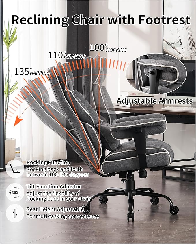 Efomao Fabric Office Chair, Big and Tall Office Chair 400 lb Weight Capacity, High Back Executive Office Chair with Foot Rest, Ergonomic Office Chair for Back Pain Relief, Gray