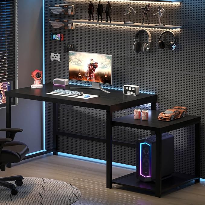 FOLUBAN Large Home Office Desk, Black Computer Desk with Storage Shelves, Modern Wood Writing Study Gaming Table for Bedroom Living Room, 63 Inch