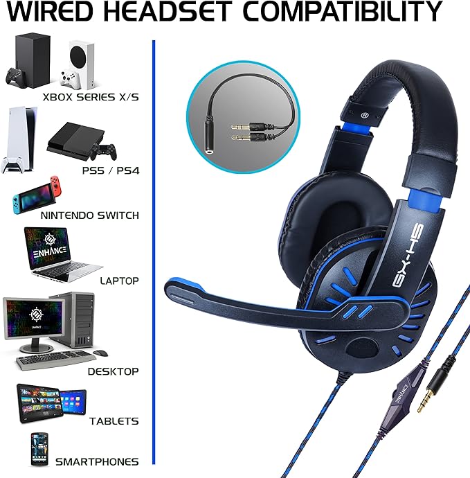 ENHANCE GX-H5 Gaming Headset with Microphone - Universal Gaming Headset for PS4, PS5, Xbox, PC, Switch with Adjustable Headband, Volume Controller, USB Sound-Isolating Earcups, Splitter Cable (Blue)