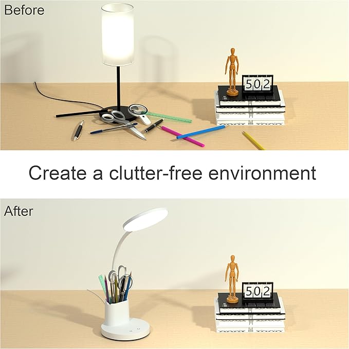 Desk Lamp, LED Desk Lamps for Home Office, Touch Table Lamp with 3 Color Modes 360° Adjustable Arm, Dimmable Desk Light with Pen Phone Holder for College Dorm, White