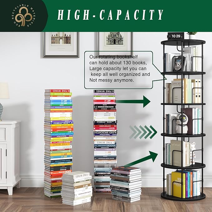 5Tier Rotating Bookshelf, Spinning Bookshelf Tower,360 ° Display Space Saving Standing Round Swivel Bookcase Corner Storage Organizer for Bedroom Living Room Office，Black