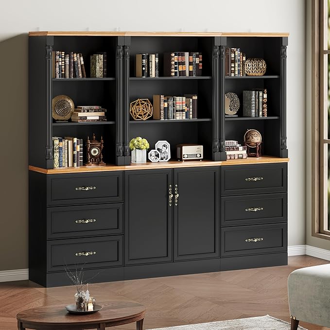 Bookshelf with Drawers, 71" Tall Wood Bookcase with Adjustable Shelf, 24" Wide Book Shelf, Floor Standing Display Storage Cabinet for Home Office, Study and Living Room, Antique Black