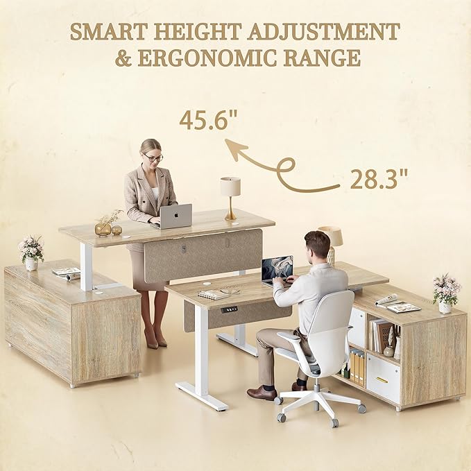 TIQLAB 61.4" x 47.2" L Shaped Executive Desk with Shelves & File Cabinet Sets, One Whole Piece Home Office Furniture with Drawers for Hanging File, Maple