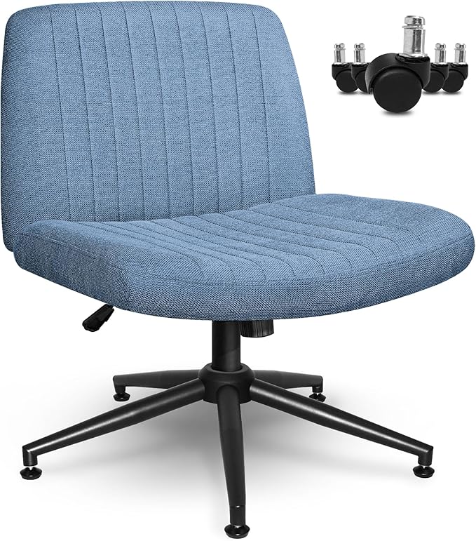 Orange Factory Criss Cross Chair Wheels Wide Cross Legged Office Desk Vanity Dual Base Comfy Fabric Armless Adjustable Swivel for Home Computer Task (Blue Dual Base, Fabric)