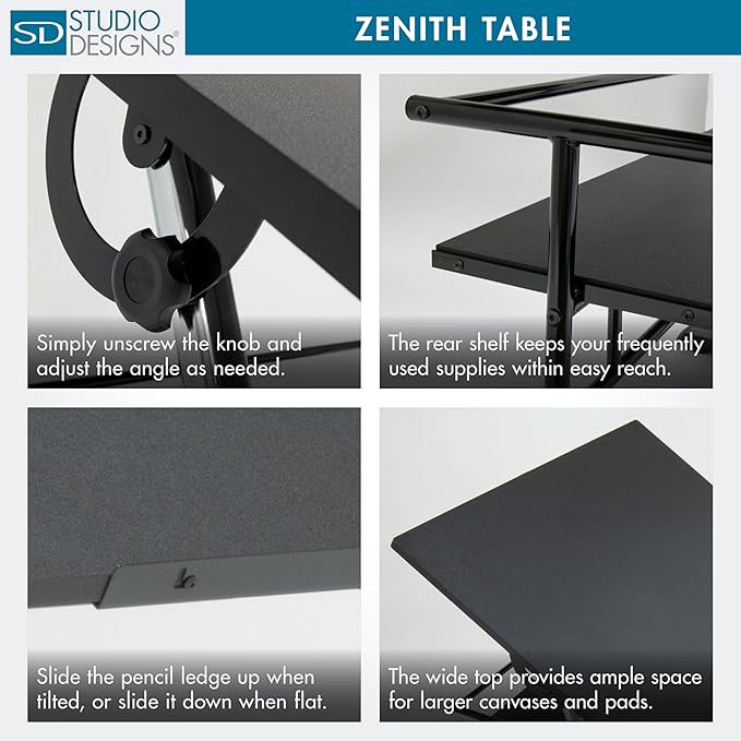 Studio Designs Zenith Height Adjustable Drafting Table with Shelf in Black, 42" W X 30" D