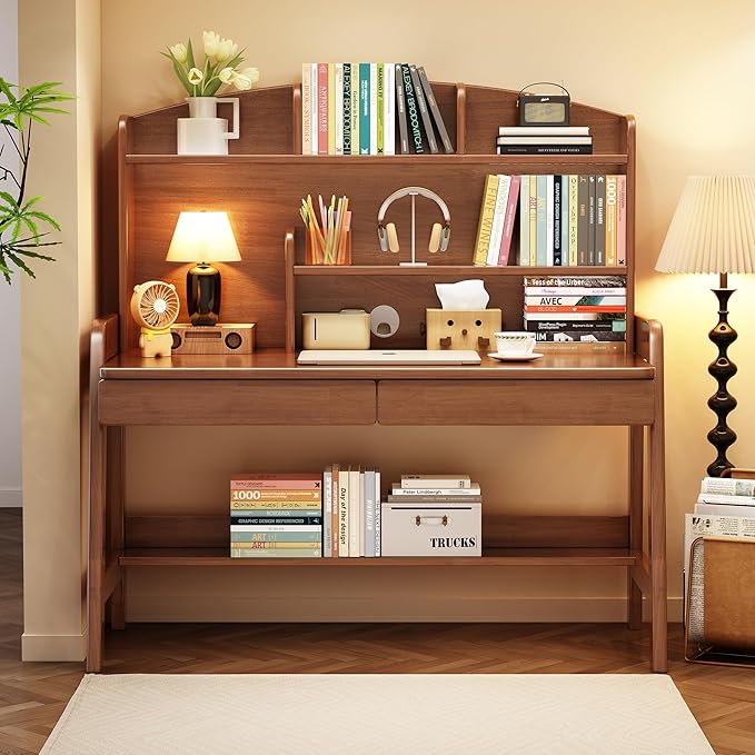 Kids Desk＆Table Wooden Children’s Study Desk with Bookshelf＆Two Drawers Children Study＆Writing＆Computer＆Workstation for 3 and Above(Brown