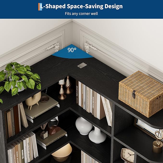 Garvee 74'' Tall Corner Bookshelf - 6-Tier Book Shelf with Drawer and Cabinets, l-Shaped Bookcase Open Storage Shelves Modern Display Shelf for Home, Office