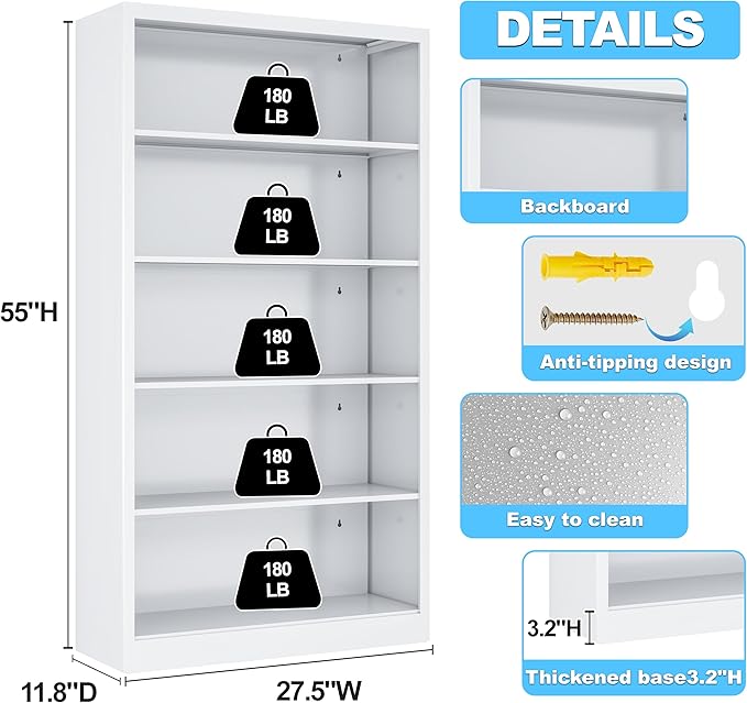 5 Tier Metal Bookshelf, 55 in Tall White Bookcase, 4 Adjustable Storage Shelves, Large Heavy Duty Bookcases for Office, Study Room, Home, Library