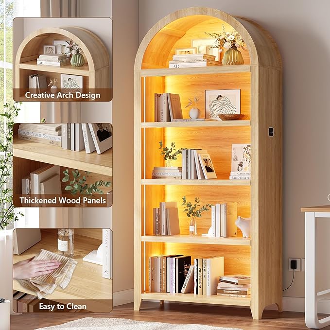 Arch Bookcase - 5 Tiers Bookshelf with 3 Colors LED Sensor Lights and Thickened Wooden Design Display Shelf for Lego Books Bathroom Living Room - Ideal Gift (Wood)