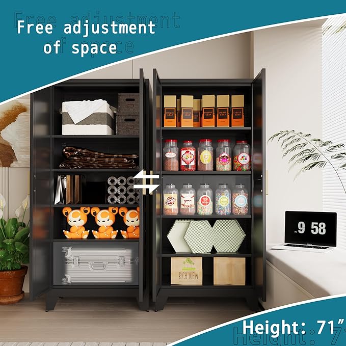 Washsemba 71'' Farmhouse Metal Storage Cabinet with Barn Doors,Steel File Cabinet for Home Office,Kitchen Pantry 4 Adjustable Shelves,Freestanding Cupboard for Kitchen,Home Office (Black)