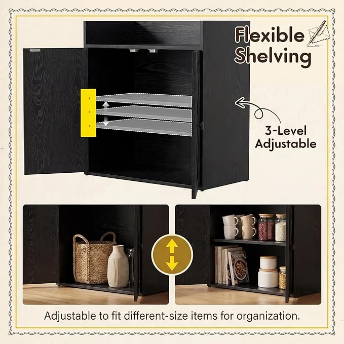 YESHOMY Farmhouse Bookshelf and Bookcase with Doors, Industrial Bookshelves and Bookcases Floor Standing Display 6-Tier Shelf Storage Shelves 71.5 inchs for Home Office, Living Room, Black, 1 PCS