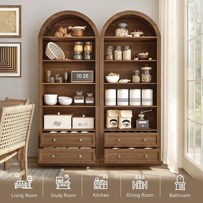 RALGEND Farmhouse Arched Bookshelf Set of 2, 7 Tiers Arch Bookcase with 2 Spacious Drawers, Modern Book Shelf with Open Display Shelves and Storage Cabinet, for Office, Living Room, Kitchen, Walnut