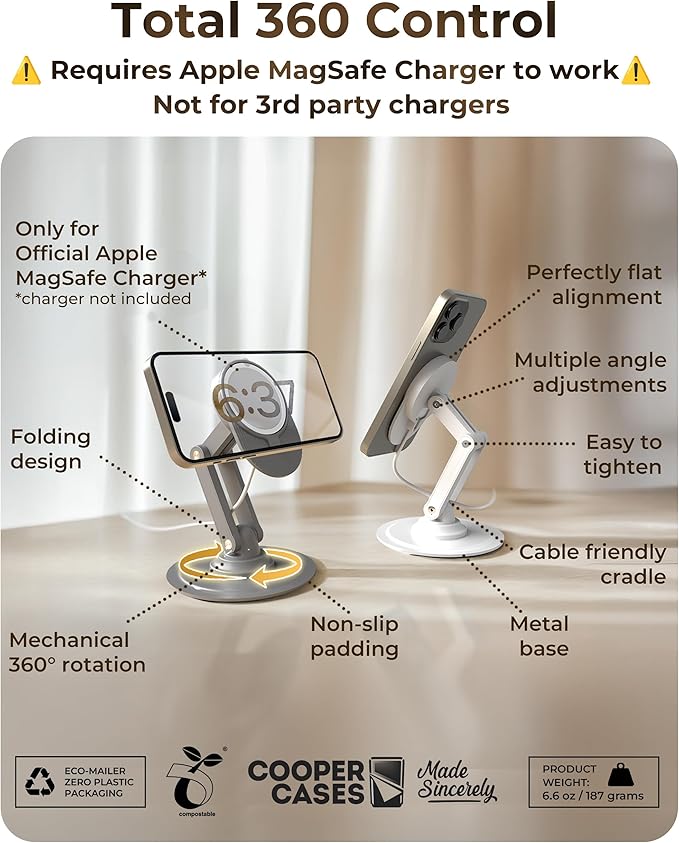 COOPER 360 MagBase - iPhone MagSafe Charger Stand for Apple MagSafe Charger (Not Included) AirPods Charger, MagSafe Stand for iPhone 17/16/15/14/13/12 Pro/Max | Standby Mode, 360° Rotation (White)