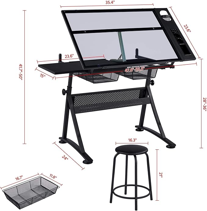 Topeakmart Height Adjustable Drafting Desk Artist Drawing Table Tilted Tabletop Art Desk Work Station w/2 Storage Drawers and Stool for Home Office