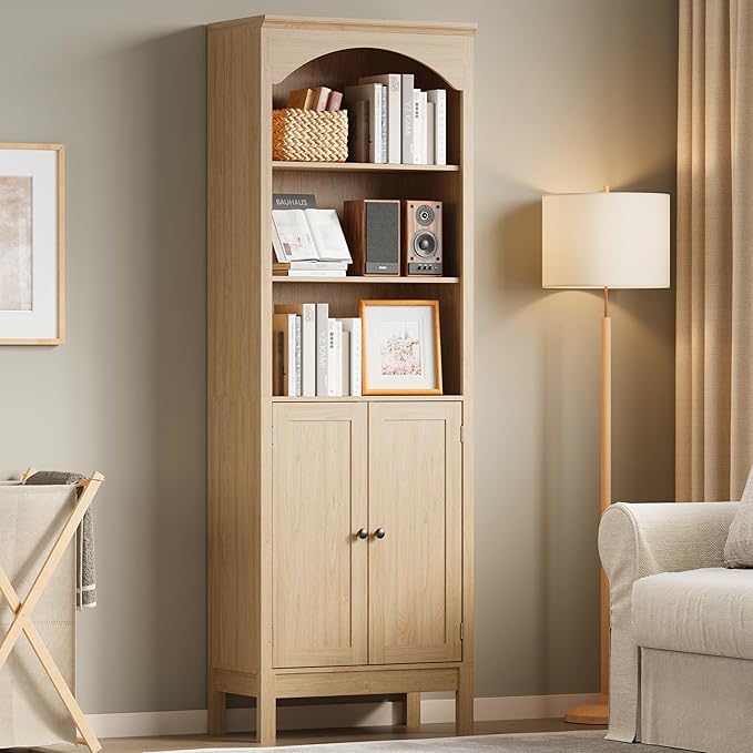 Bookshelf with Doors, 71" Tall Wood Book Shelf with Cabinet, 24" Wide Arched Bookcase with Adjustable Shelf, Floor Standing Display Storage Cabinet for Home Office, Study and Living Room, Natural Oak