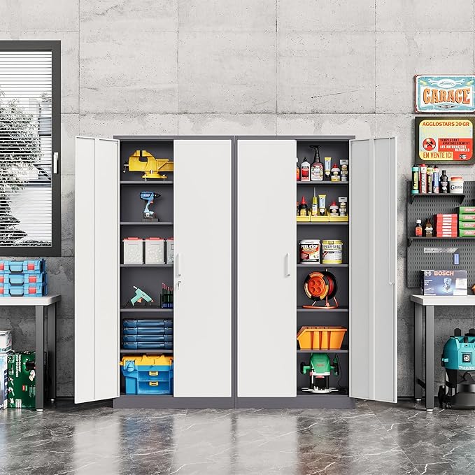 Fesbos Metal Storage Cabinet-72” Tall Steel File Cabinets with Lockable Doors and 5 Adjustable Shelves-Gray&White Steel Storage Cabinet for Home, School, Office, Garage